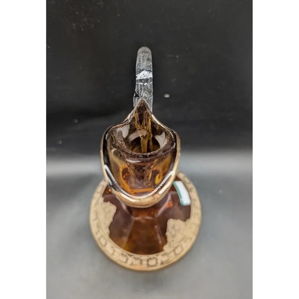 Vintage Amber Smoke Glass Decanter Gold Encrusted Floral Scroll Pedestal Handle